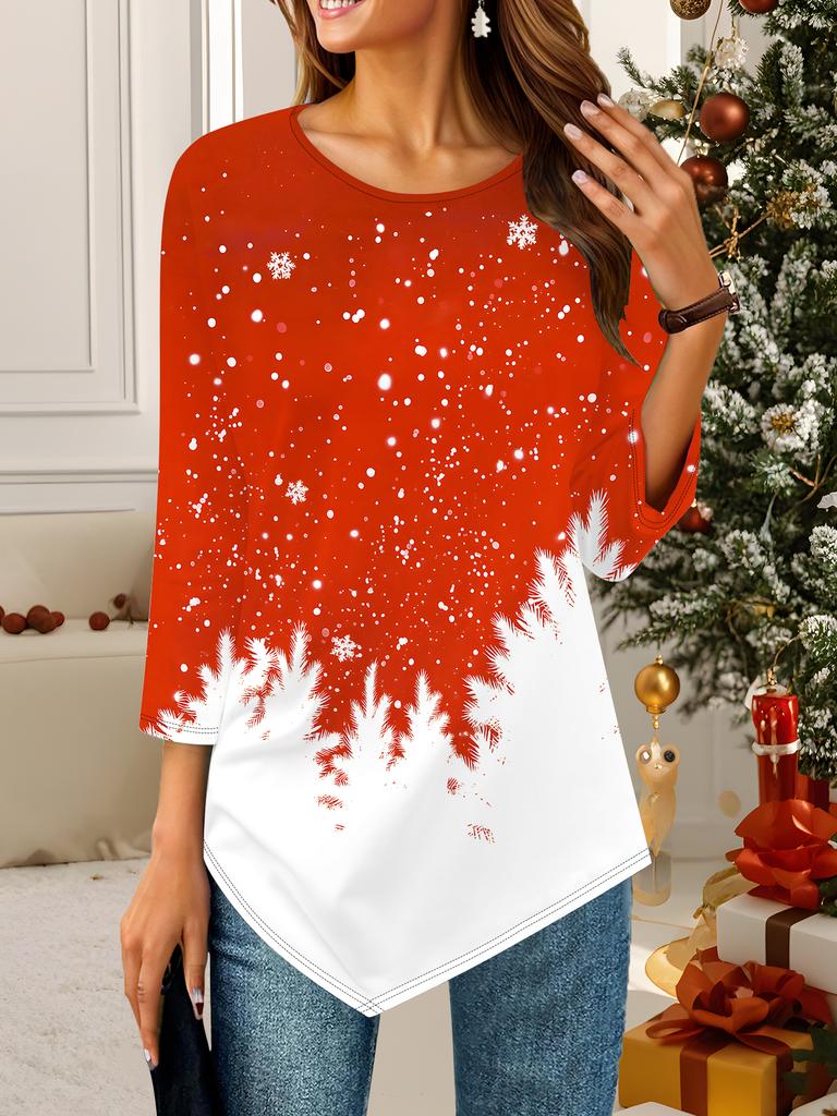 Women's Loose Round Neck Three Quarter Sleeve Tee 3D Christmas Pattern Ideal Halloween and Christmas Gift