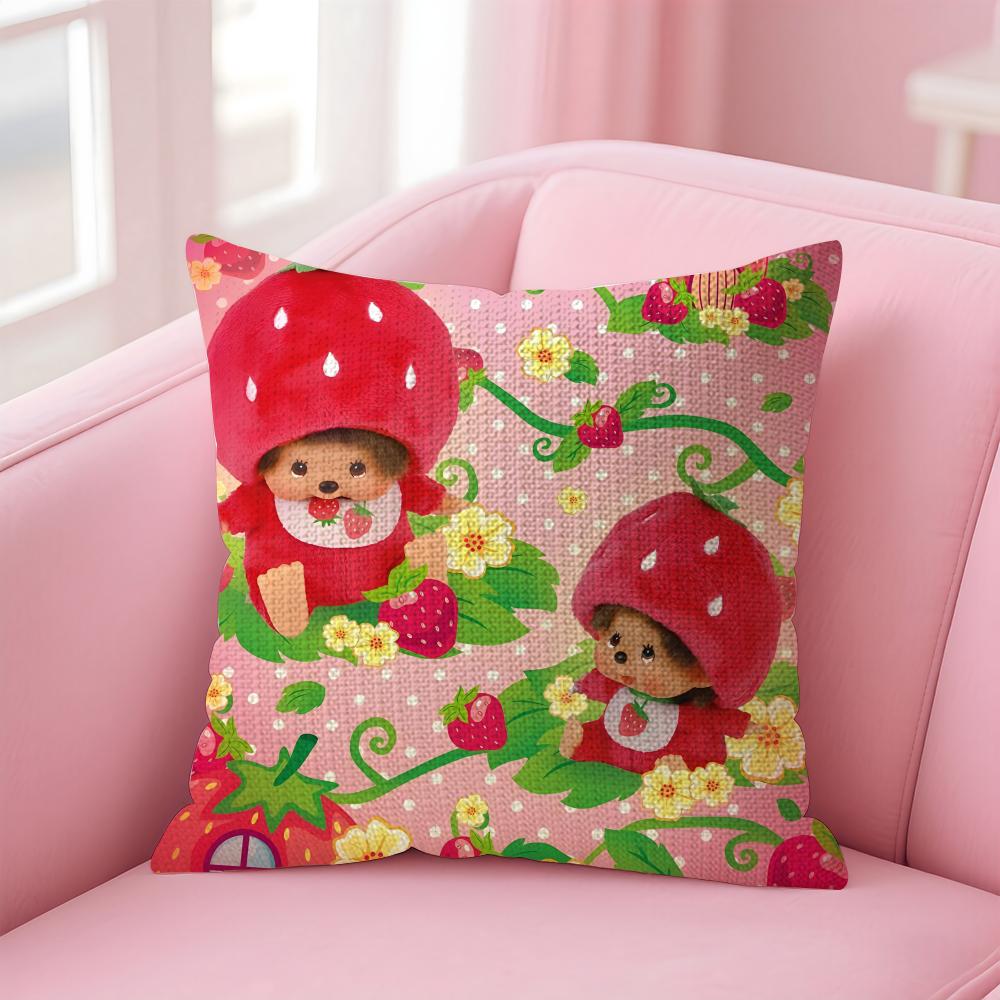 MMonchhichi Cute Cushion Cover Natural Linen Pillow Case DoubleSided Print Decorative Sofa Pillowcase Home Decor Gift