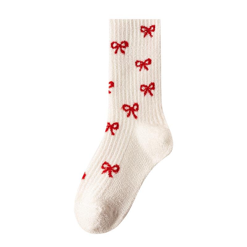 Women's Autumn and Winter Fleece Thickened Warm Fleece Red Lucky Socks for Sleep Versatile Pile Socks