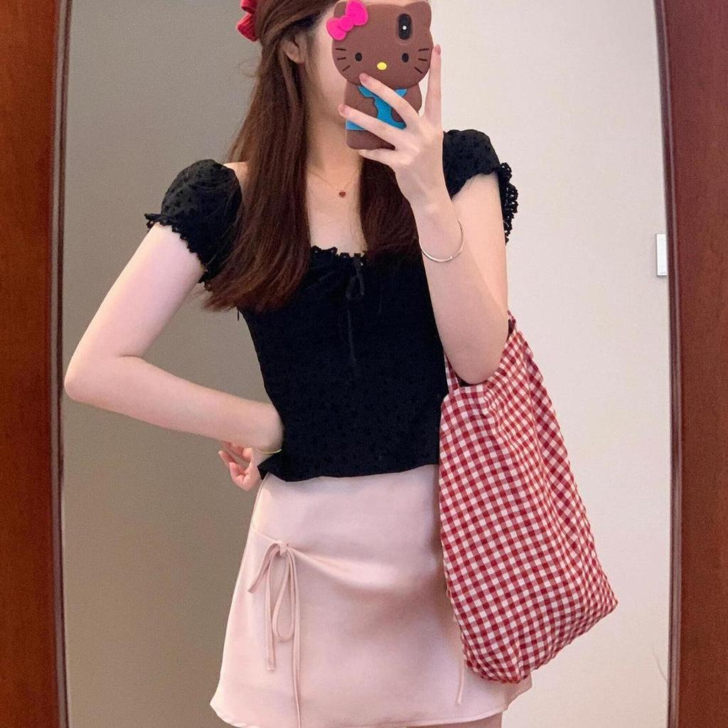 Women's Age-Reducing Pink A-Line Skirt & Black French-Style Top Summer Set - Slimming Sweet & Spicy Look