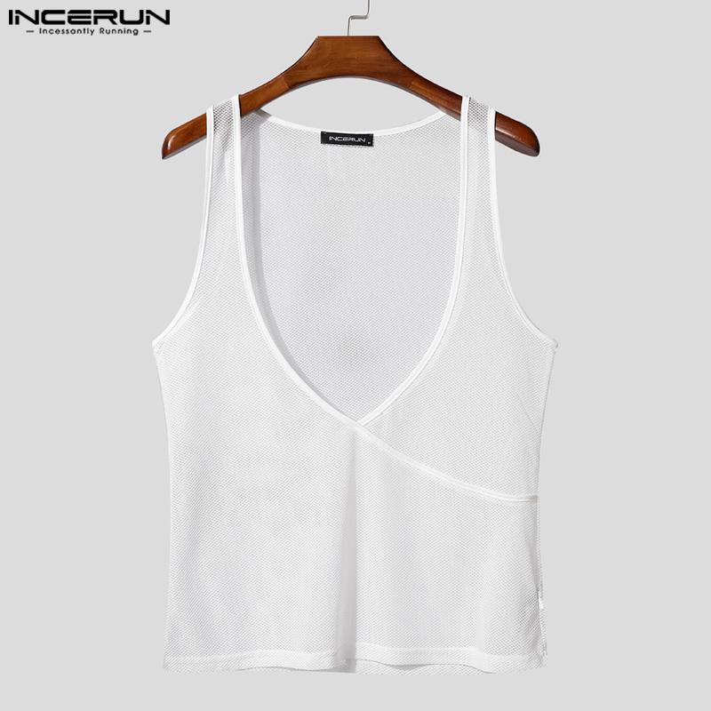 INCERUN Men Deep U Neck Sleeveless Mesh See Through Party Beach Tank Tops