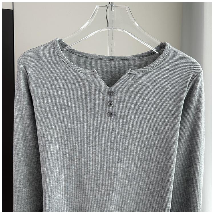 Stylish Long Sleeve T-Shirt Ribbed Slim Standard Shoulder Top For Autumn Stretchy Slim Base Layer Soft Ribbed Fabric Good For Inner And Outer Wear Top