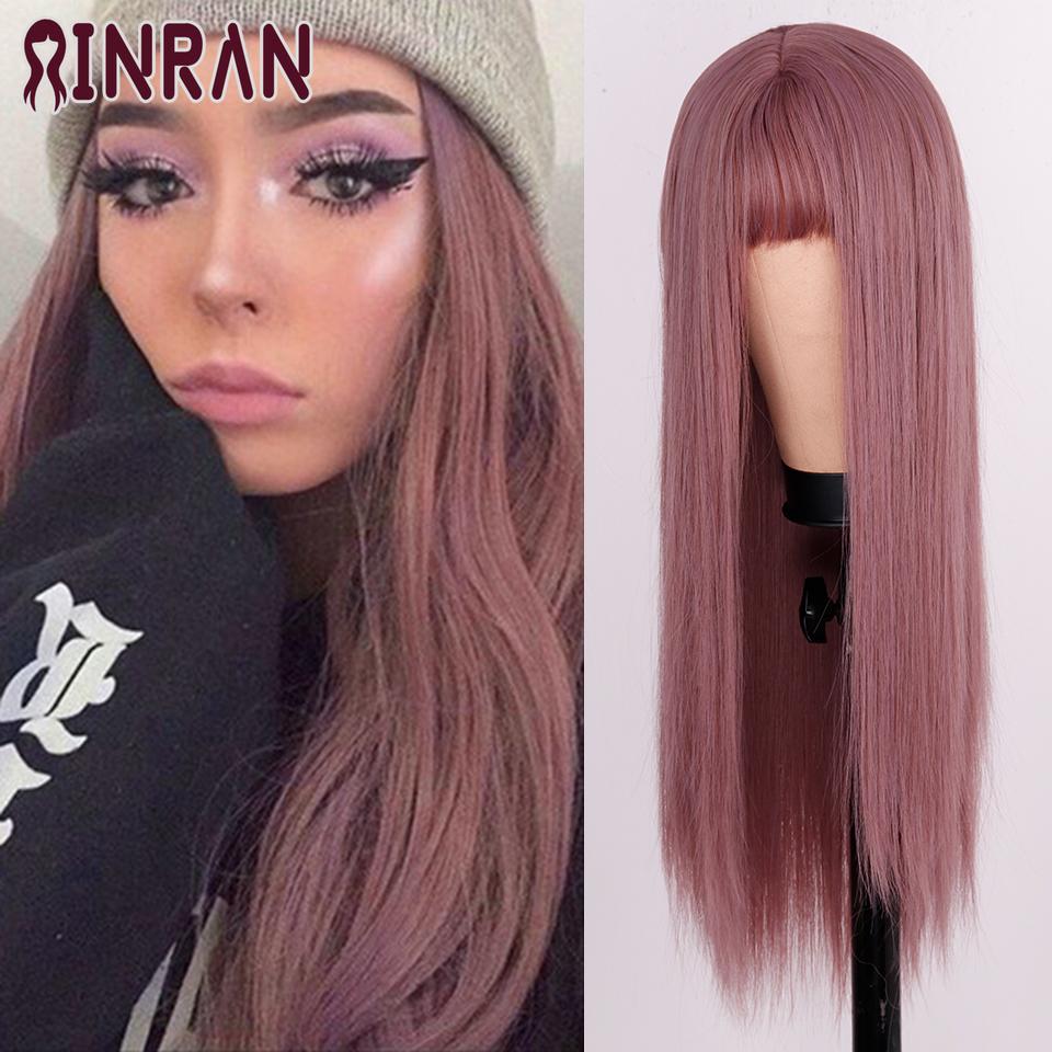 XINRAN Lange gerade weinrote Perücke mit Pony, synthetische Perücken für Frauen, hitzebeständiges Naturhaar für die tägliche Halloween-Cosplay-Party