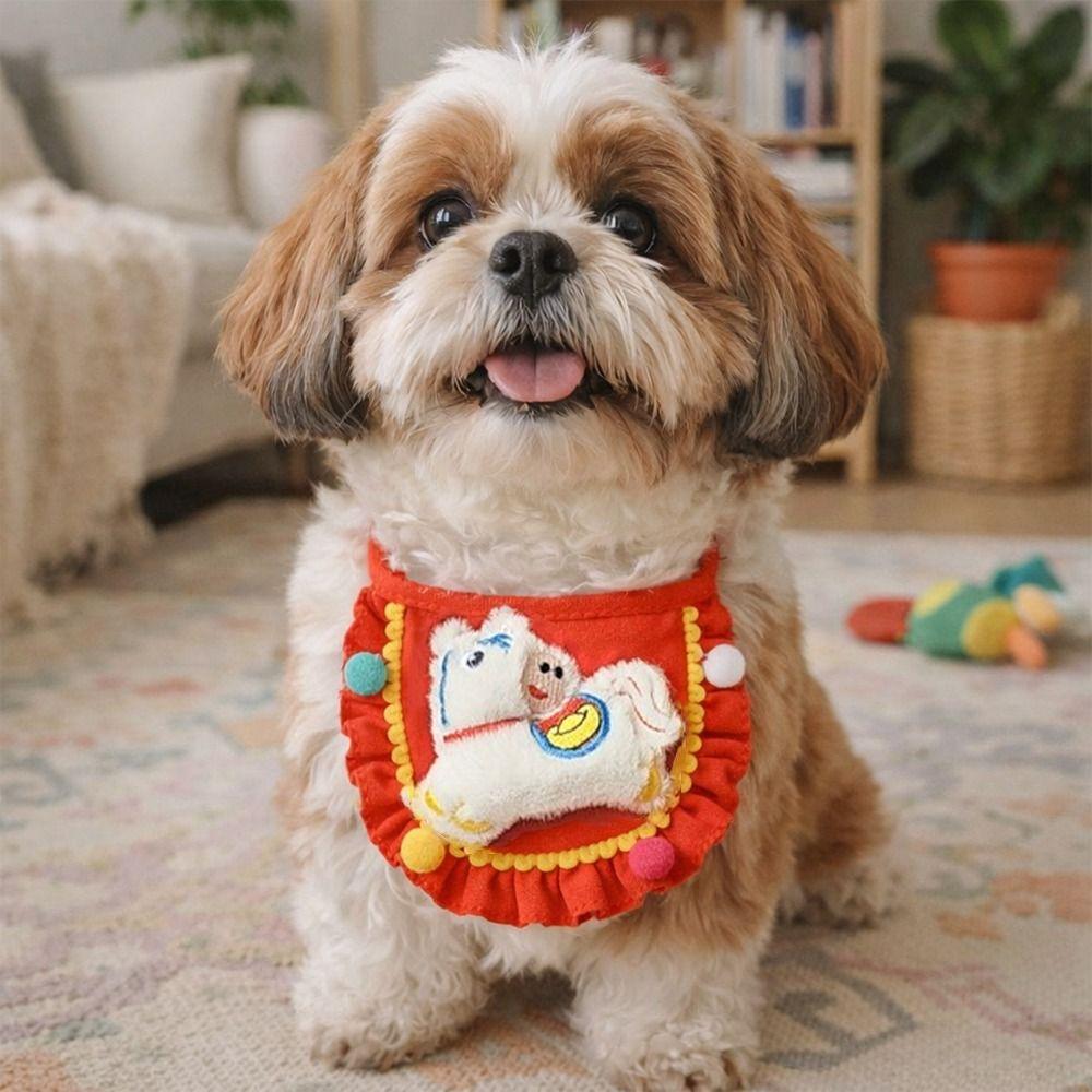 Chinese Style New Year Cat Collar Cartoon Horse Pattern Dog Scarf Adjustable Warm Cat Drool Towel New Year Celebration