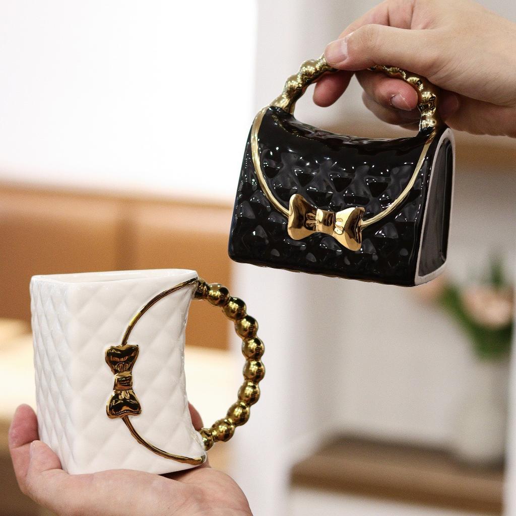 Light Luxury Nordic Wind Plating Bow Mug Personalized Bag Shaped Ceramic Cup Home Couple's Breakfast Cup