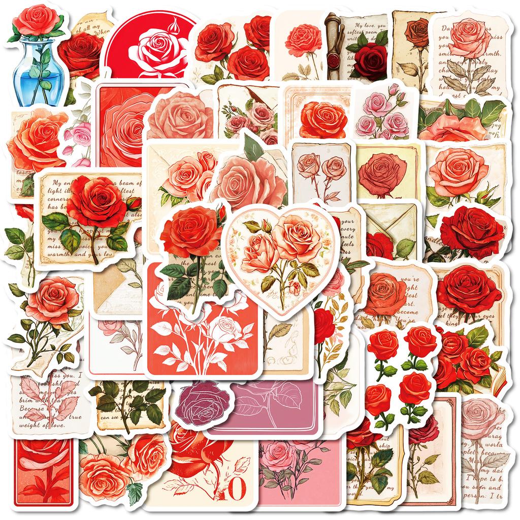 50Pcs Vintage Rose Stickers Set - Romantic Graffiti Decals for Valentine's Day & Journal Decor