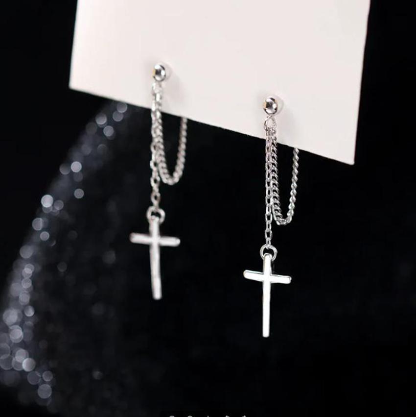 2 Pack Silver Cross Drop Earrings Gothic Long Tassel Hanging Earrings Unisex Jewelry Gift