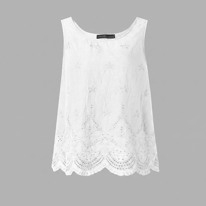 ZANZEA Women Casual Round Neck Loose Sleeveless Lace Crochet Tank Tops