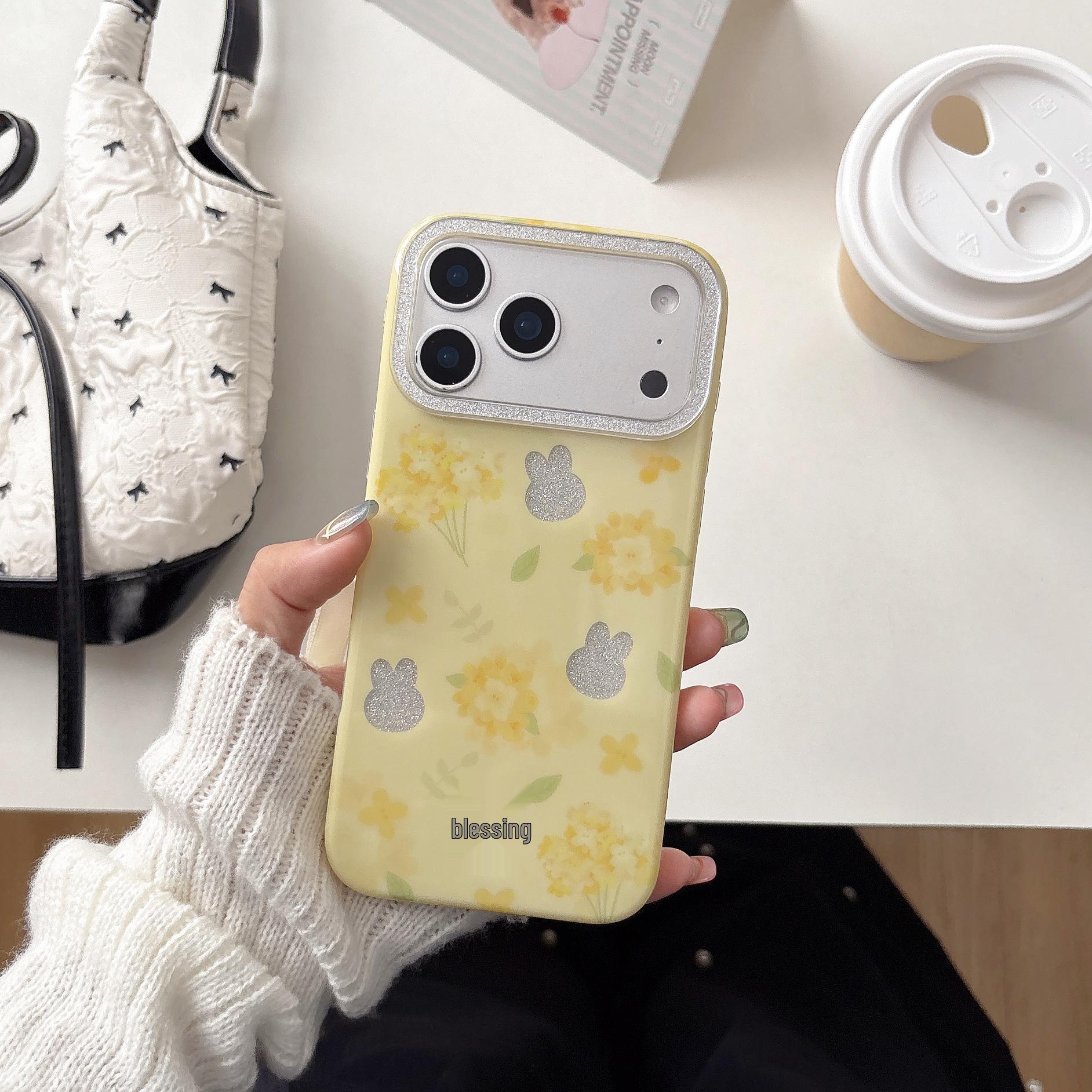 Yellow Glitter Flower Rabbit Head Case for iPhone 17/16 Pro Max/15/14 iPhone 15 Pro