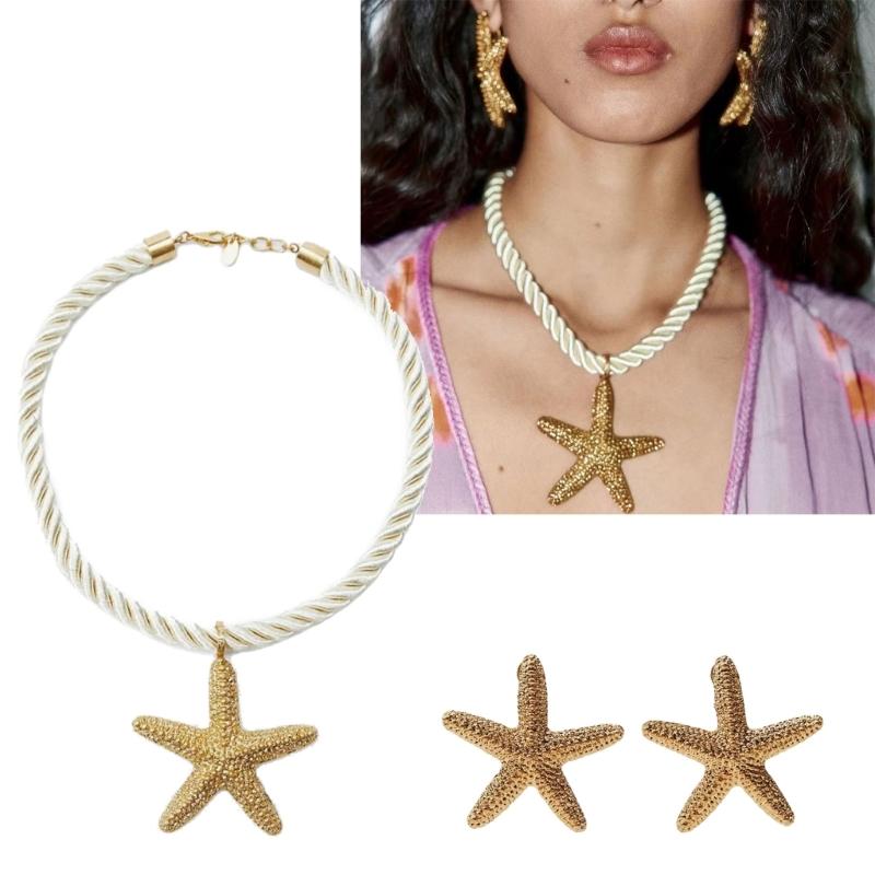 Beach Earrings Necklace for Women Elegant Vintage Starfish Pendant Choker Danger Earring for Party Holiday Boho-Jewelry