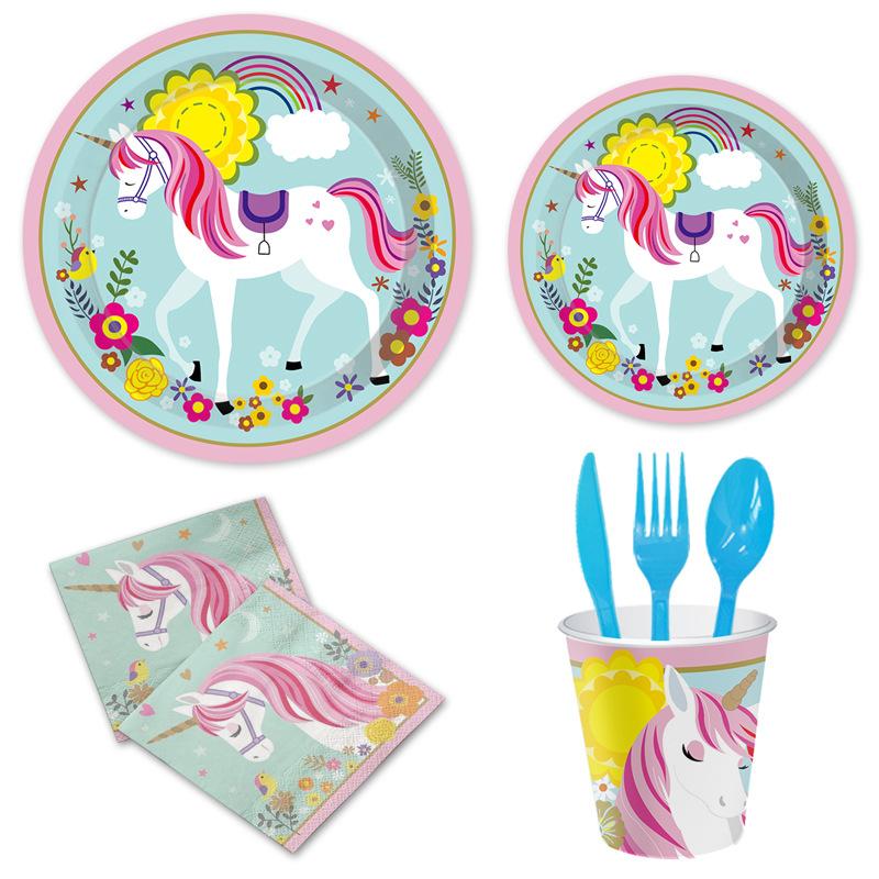 Flowers Rainbow Unicorn Children'S Birthday Party Cutlery Paper Plates Paper Cups Tissue Tablecloths Decorative Set