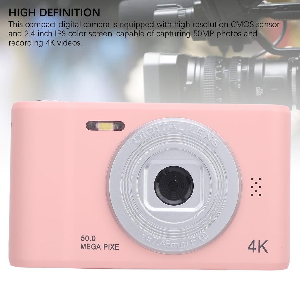 4K 50MP Digital Camera 2.4 Inch Color Screen 8X Zoom Anti Shake Built in Mic Compact Camera for Photography and Video