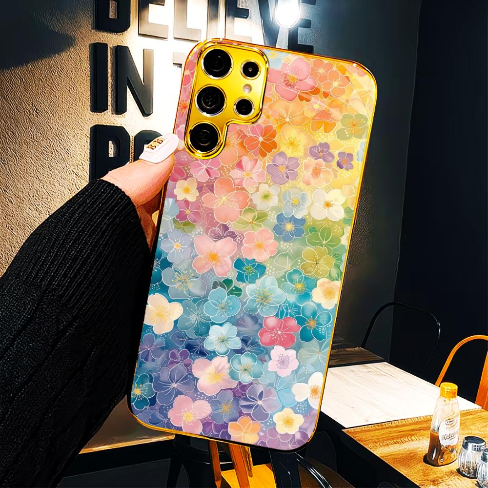 Colored Small Flowers Simplicity High-end Electroplating Glass PhoneCase for Samsung Galaxy S26 S25 S24 S23 S22 FE,Ultra,Plus