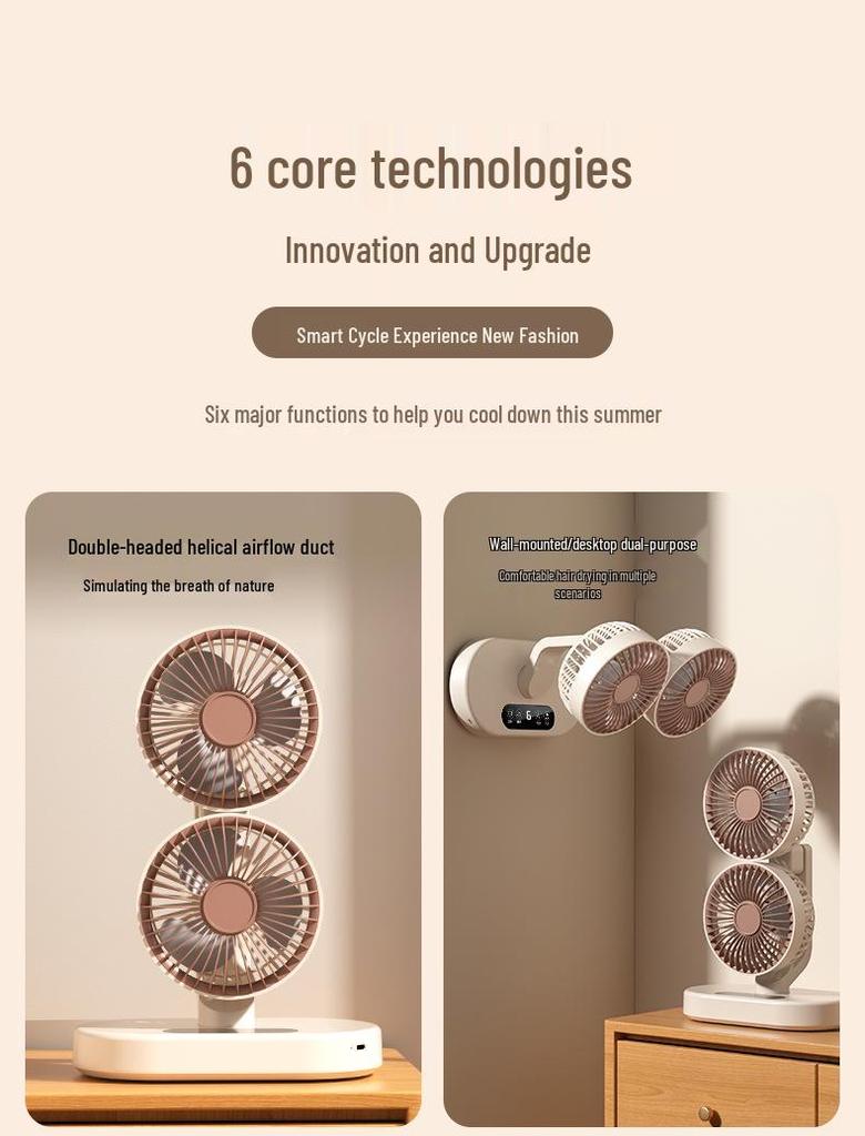 Dual-Head USB Mini Oscillating Desktop Fan with Digital Display for Home and Office