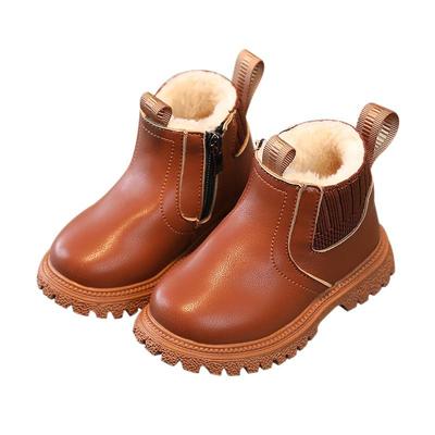 Boys Girls Winter Inside Padded Velvet Warm Boots British Style Non-Slip Snow Shoes Side Zipper Design Short Boots Leather Boots