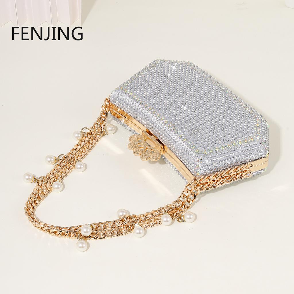 Elegant Evening Clutch Sparkling Diamonds Chain Handbags Banquet Bag Rhinestone Handle Glitter Small Square Shoulder Bag Party