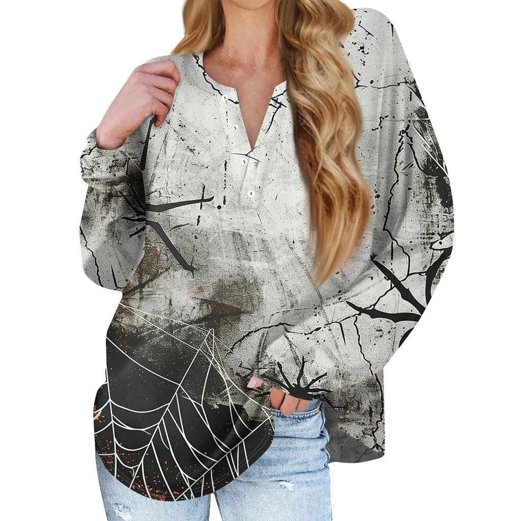 Dam Ny Knappkrage Mode Tryckt Långärmad T-shirt Slim Topp Casual Toppar