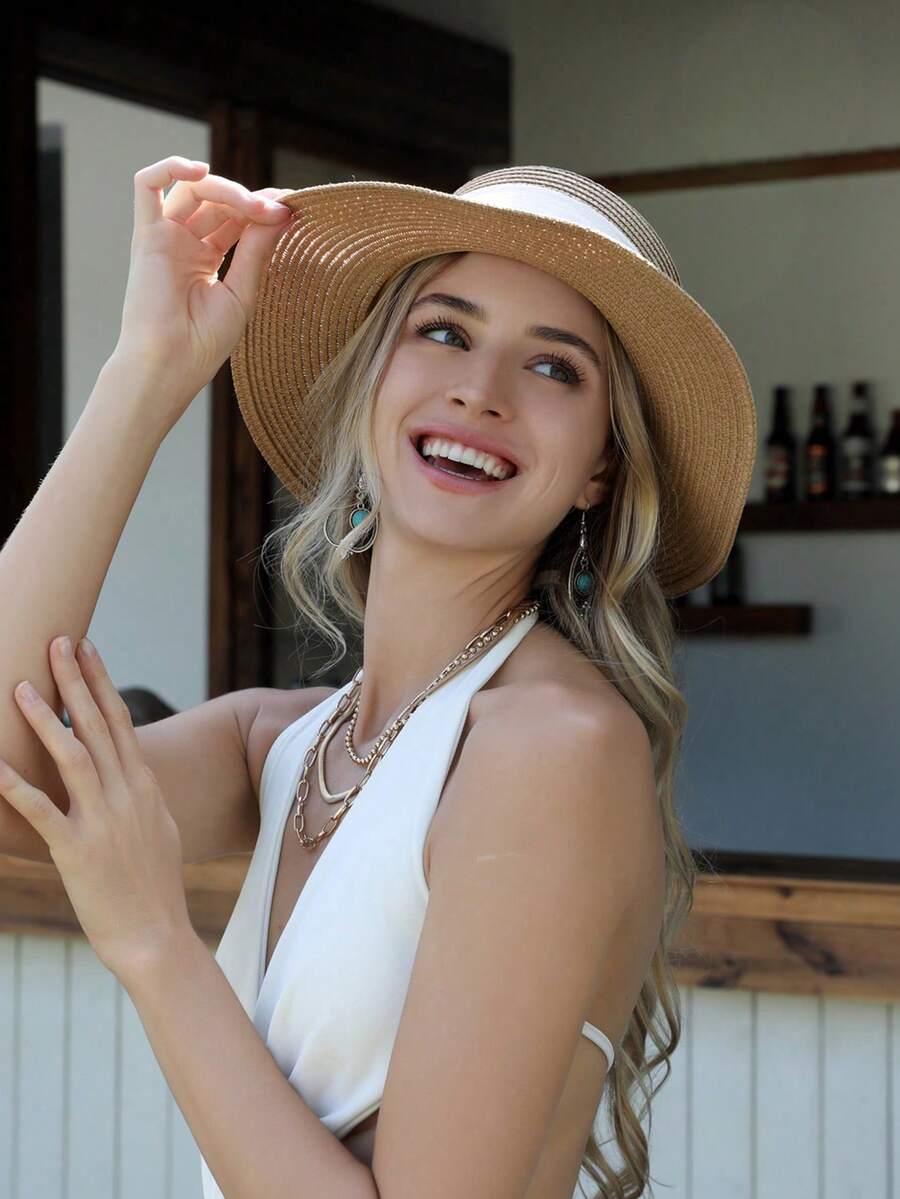 Zealous Sole Women's Khaki Wide Brim Straw Sun Hat Upf 50 Foldable Floppy Beach Hat Summer Cm