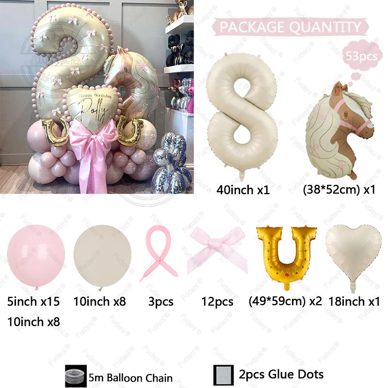 53pcs Bow Horsehead Theme Balloon Cream White Number 1-9 Balloons for Children's Birthday Party Room Decoration Balloon Supplies