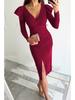 V-Neck Waist-Cinching Slit Solid Color Long Sleeve Dress