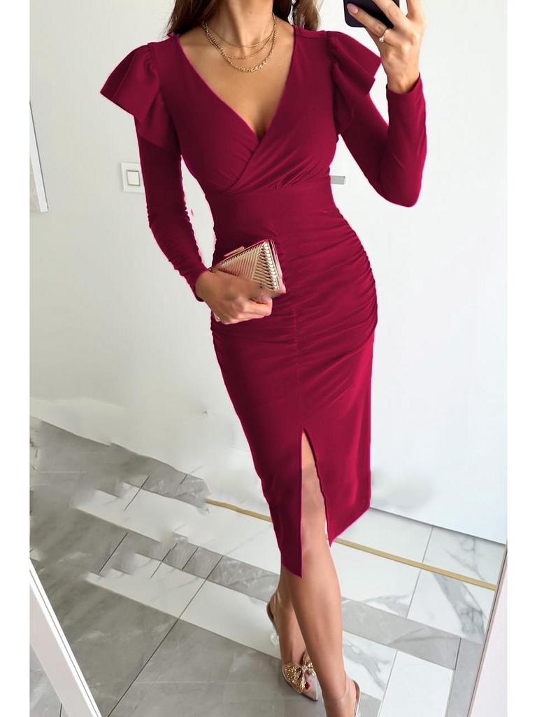 V-Neck Waist-Cinching Slit Solid Color Long Sleeve Dress