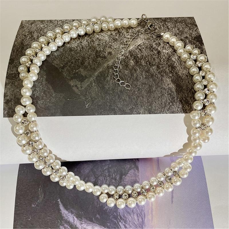 Imitation Pearls Beaded Necklace with Zircon Multi-layered Clavicle Chain Fashionable Jewelry for Everyday Outfits