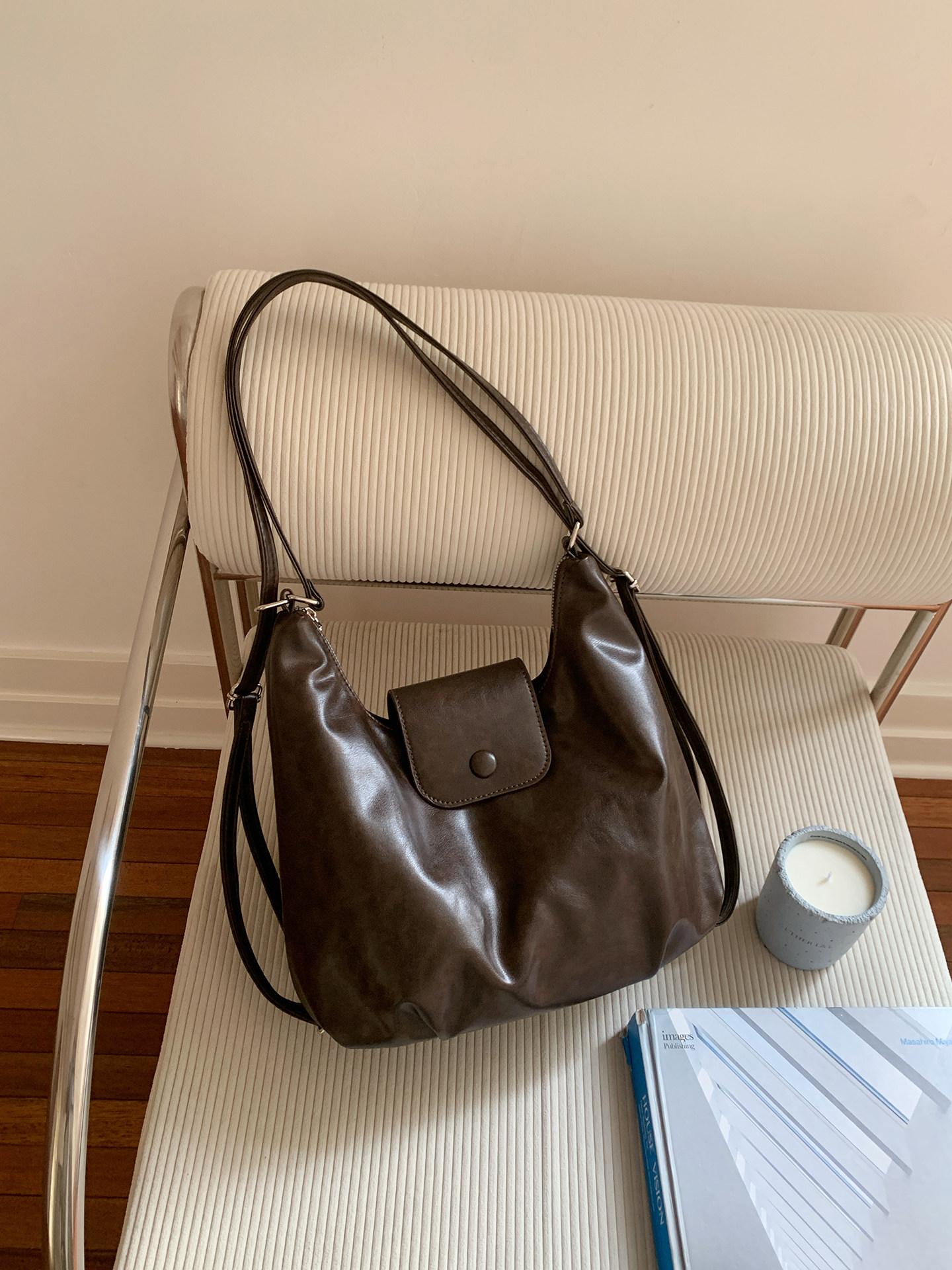 

Vintage Solid Color Shoulder Crossbody Bags for Women Large Capacity Ladies Multi-Functial Backpack Simple Pu Handbag Tote Bag кавовий