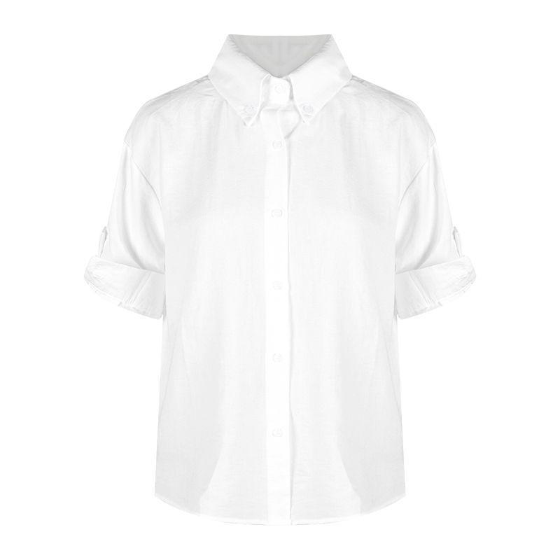 

Women s Korean Style Linen Polo Neck Seven-Sleeve Shirt, Early Autumn Loose Fit, Versatile Commute Top. Medium белый