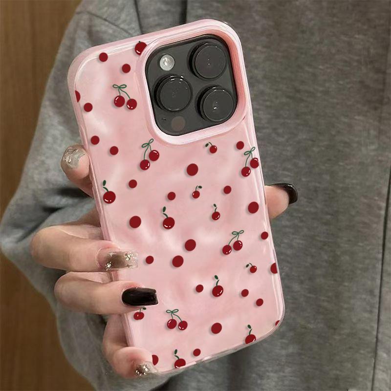Phone Case For IPhone 16 17 Air 15 14 13 Plus 12 11 Pro Max Cartoon Cherry Floral Soft Protective Cover Fashion Ins Cute Funda