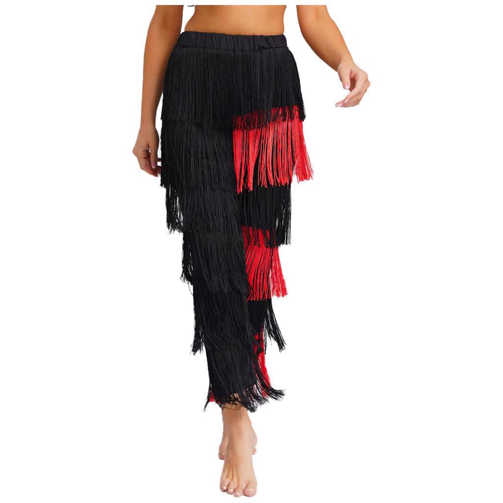 Women's Latin Dance Fringe Pants S-3XL: Elastic Waistband Contrast Color Tassel Trousers for Chacha Tango Rumba Dance Costume