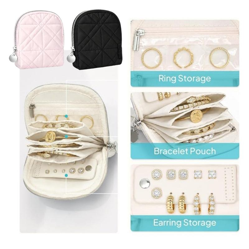 Compact Travel Jewelry Storage Case with Zip-Around Closure and Sectioned Space for Earrings Rings Necklaces Use