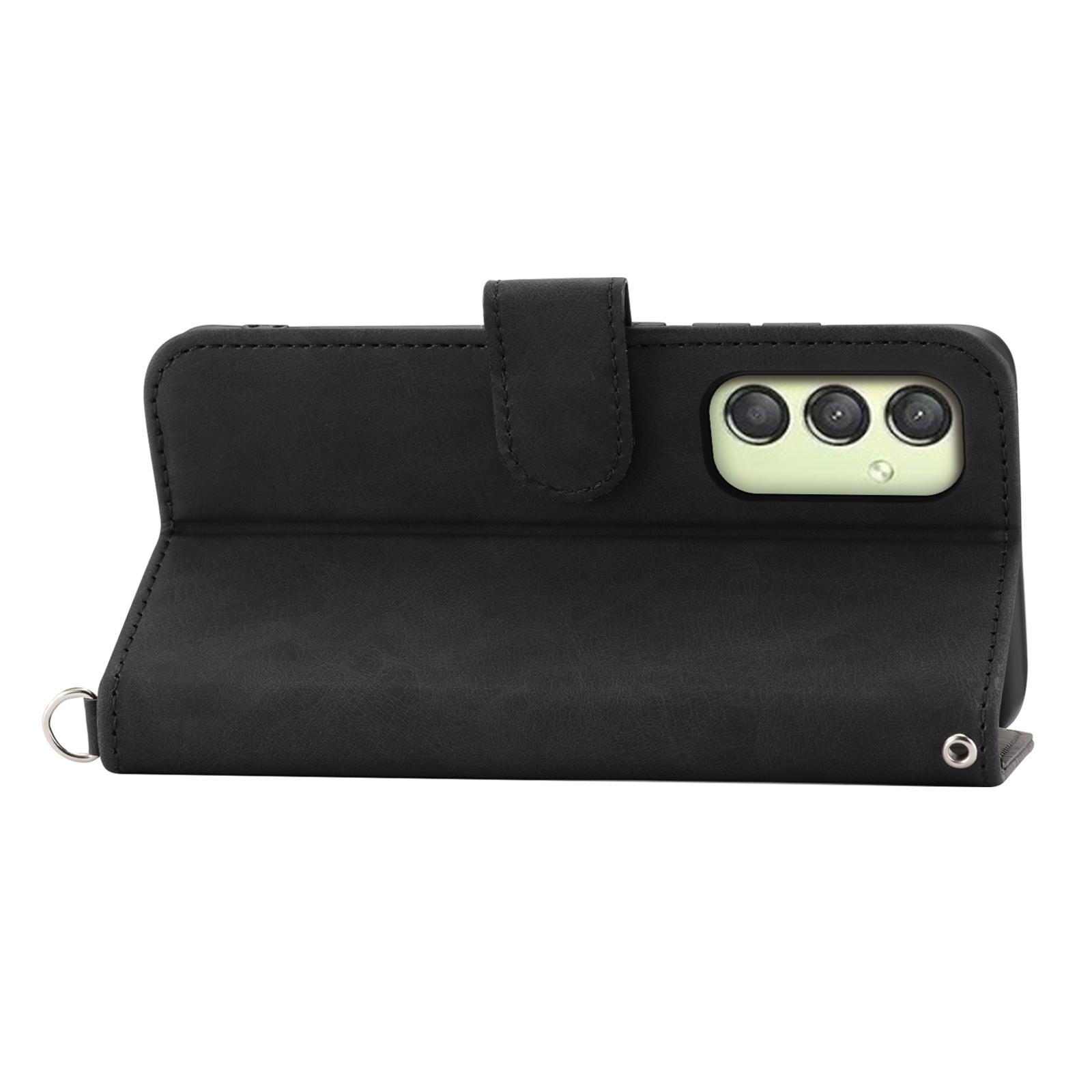 

For Samsung Galaxy A25 5G (Global) (161.0 x 76.5 x 8.3mm) Case Flower Imprinted Phone Leather Cover with Straps Black