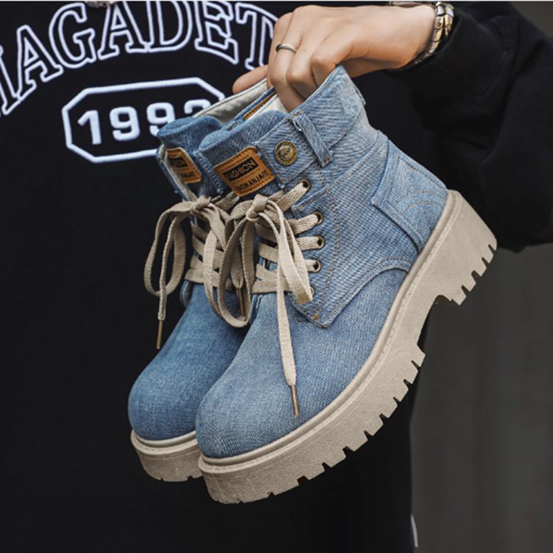 Breathable Men Boots Winter Denim Cloth Mens Ankle Boots Retro Work Boots Platform Men Casual Shoes Handmade High Top Shoes
