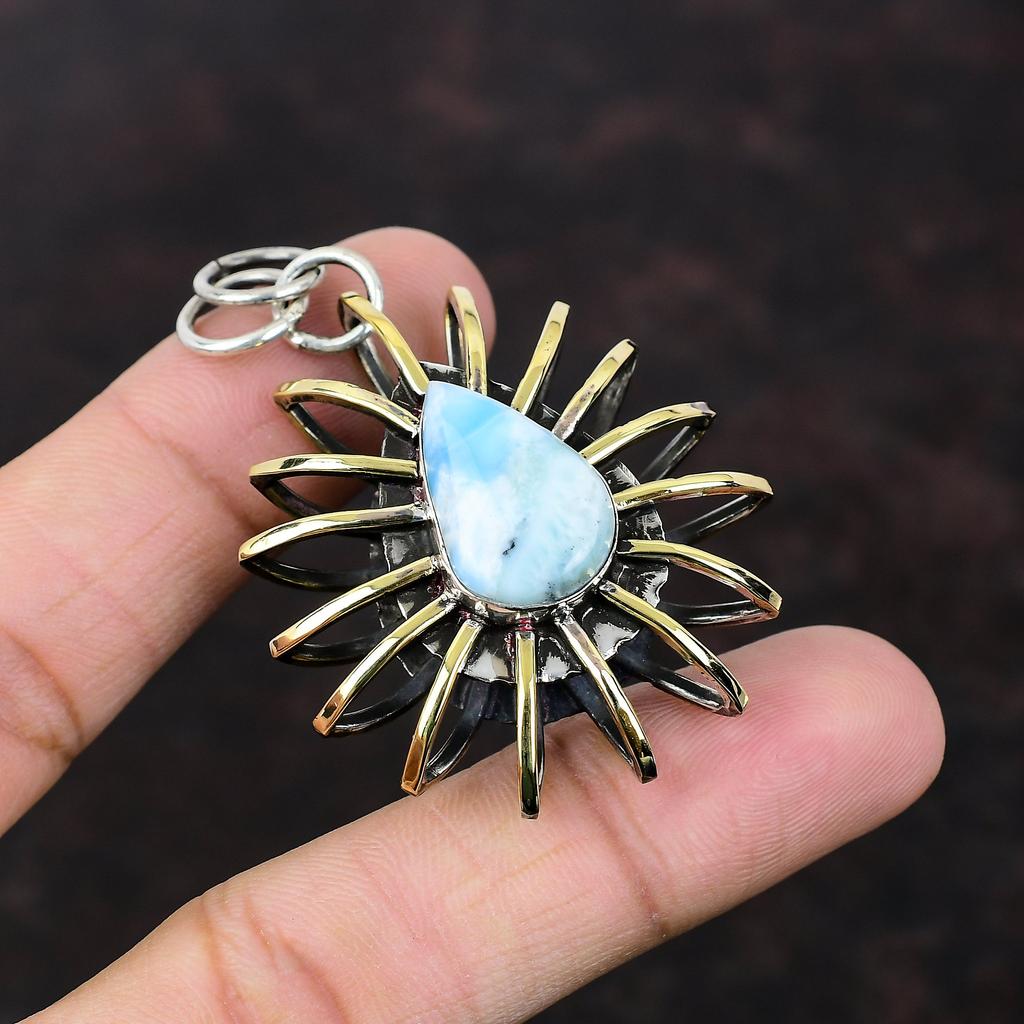 Larimar Pendant Handmade Jewelry 925 Sterling Silver Pendant 18K Gold Plated Pendant Gemstone Cage Jewelry Gift For Friend Beautiful Jewelry