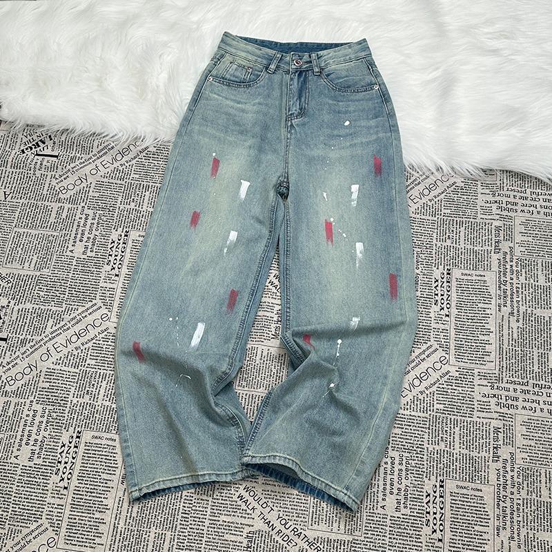 High Waist Wide Leg Printed Jeans Women Causal Retro Loose Korean Jeans Streetwear Denim Pants