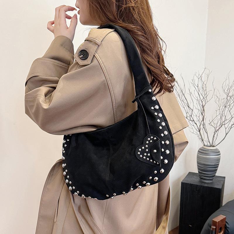 Casual Y2K Suede Shoulder Bags for Women Rivet Design Cool Girls Crossbody Bag Purse Versatile Female Underarm Hobos Handbags