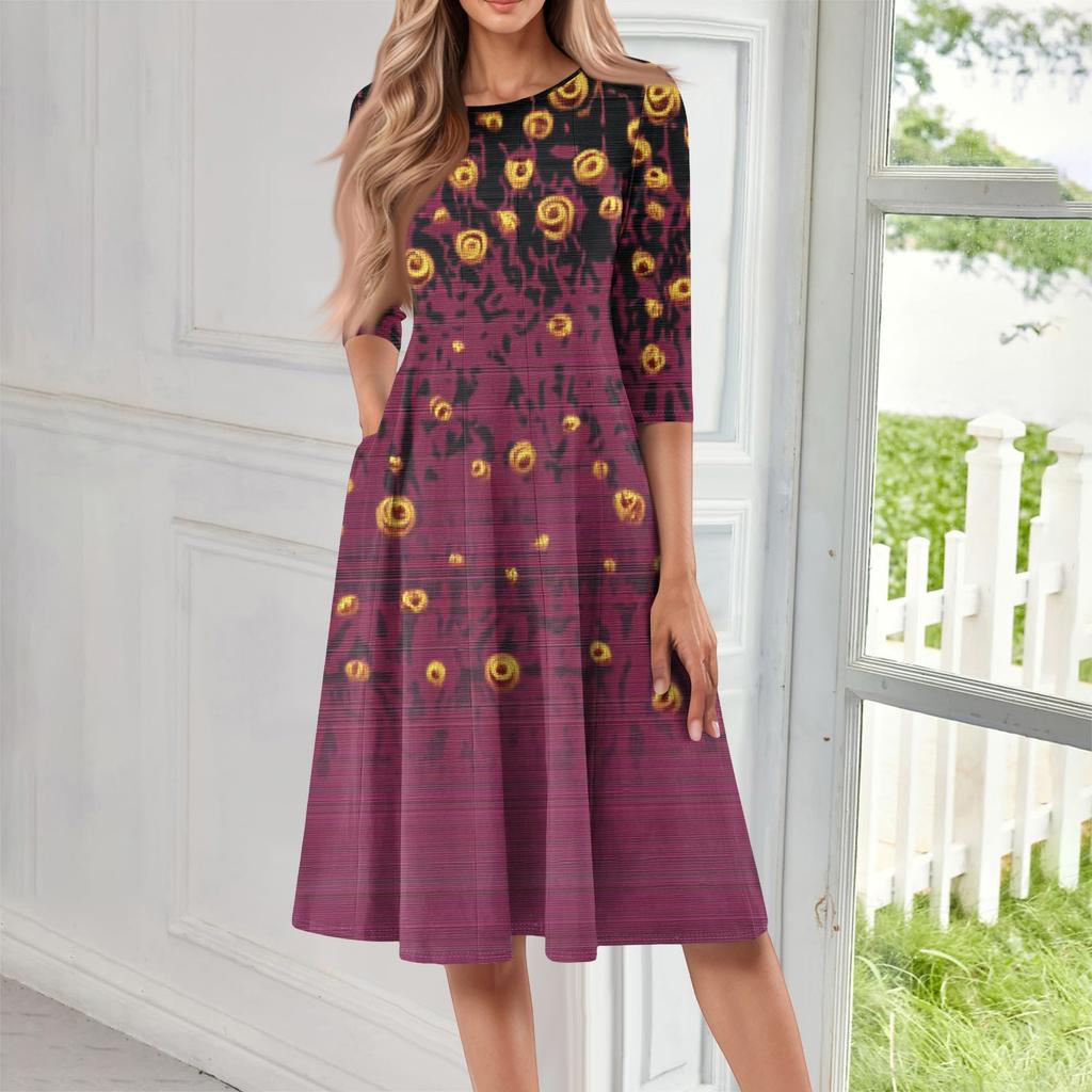 Dámská ležérní móda Midi šaty s kulatým výstřihem a tříčtvrtečním rukávem