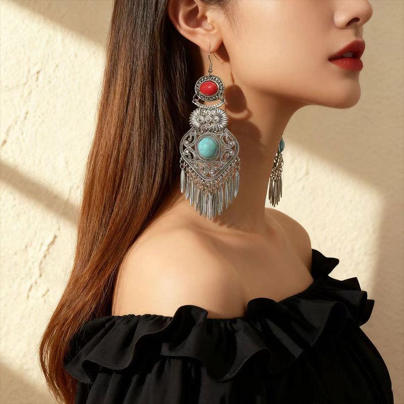 Vintage Ethnic Turquoise Earrings Women'S Bohemian Fringed Earrings Beaded High-End Earrings