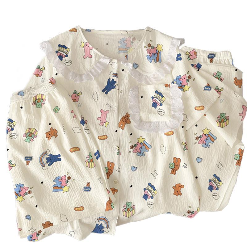 Bear Wind Cloud Cotton Doll Collar Lace High Value Pajamas Women'S Summer Short Sleeve Three-Piece Set