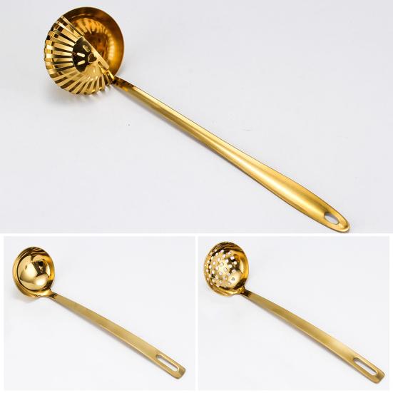 Stainless Steel Soup Ladle with Long Handle And Strainer 2-in-1 Kitchen Spoon for Serving And Filtering Easy To Store Hanging Hole Cooking Tools