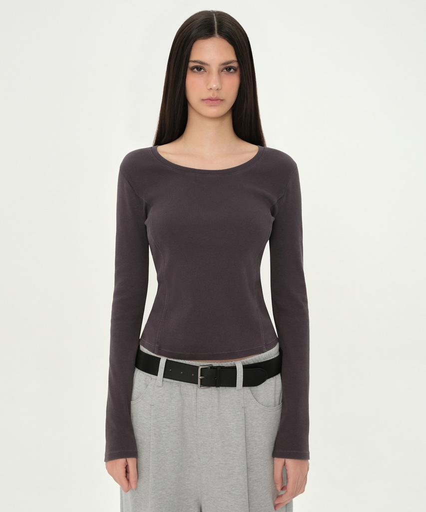 MUSINSA STANDARD WOMAN Pigment Ribbed Slim Scoop Neck Long Sleeve T-Shirt [Charcoal Gray]