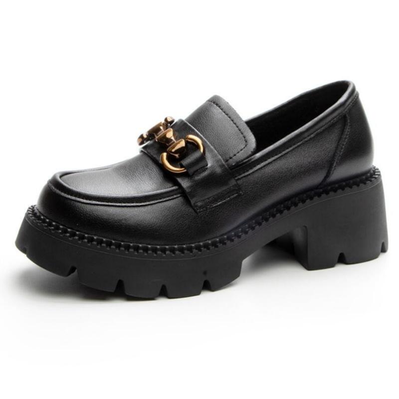 Women Thick Heel Loafers Slip On Pumps Spring Autumn New Design Metal Genuine Leather Round Toe High Heel Platform Shoes