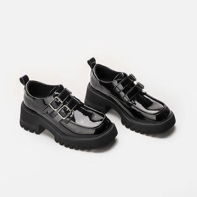 Loafers Women's Spring and Autumn New British Style Thick Bottom Square Toe Retro Buckle Small Leather Shoes Women's Thick Heel Single Shoes