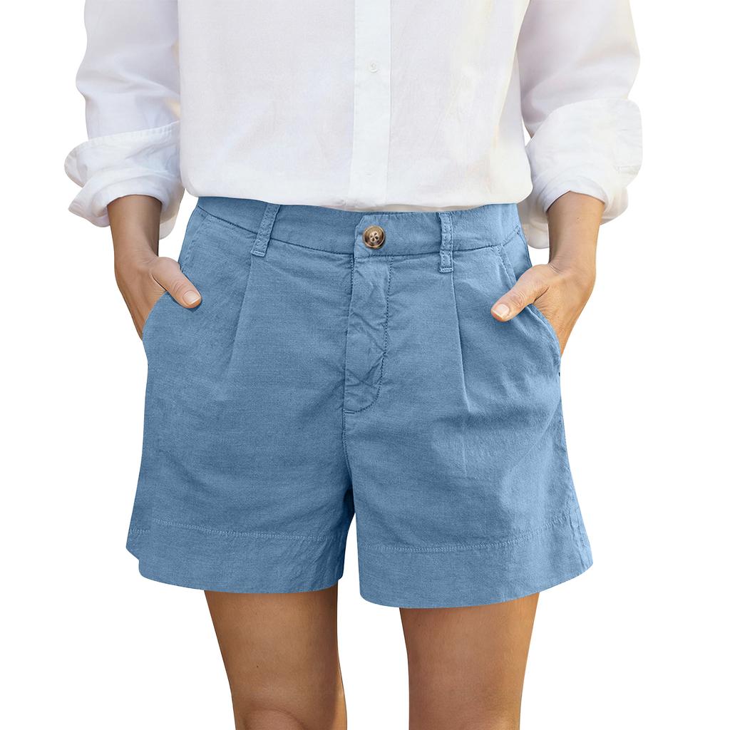 Women's Cotton And Linen Shorts, With Pockets, Button Closure, Business Casual .