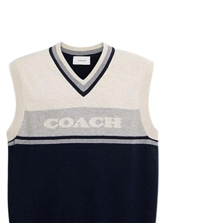 Coach Striped Letter Logo Inlaid V-Neck Vest Men vest Navy-Blue CO837-WXO