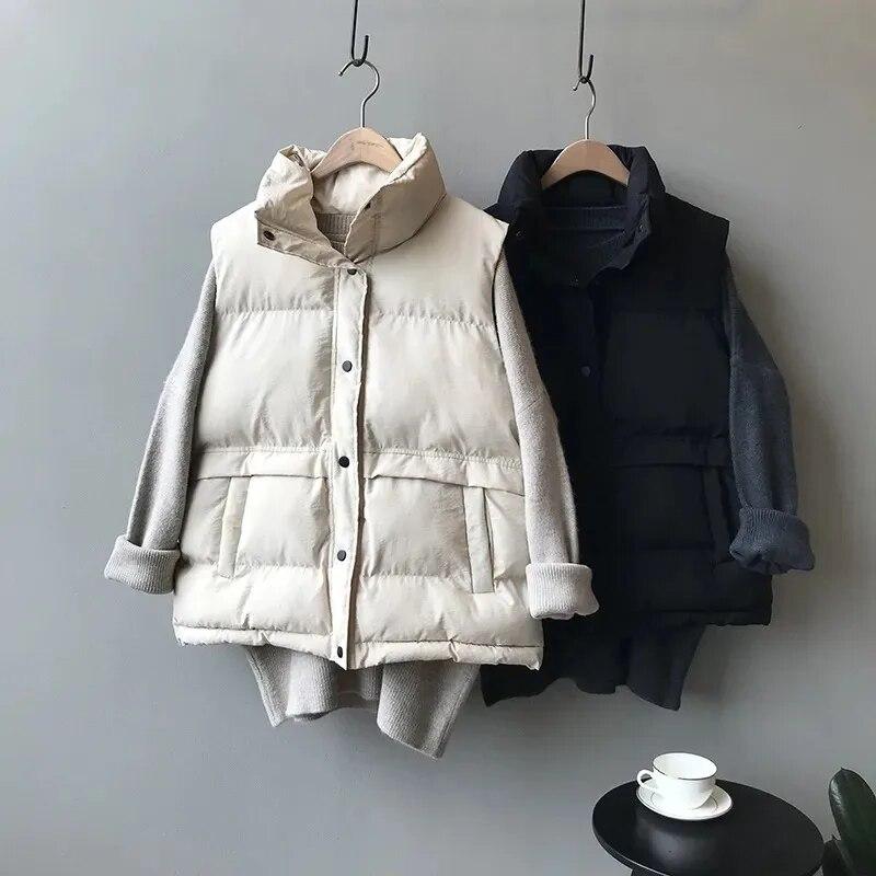 Off White Daunen-Baumwollweste für Damen, kurz, Stehkragen, ärmellos, warm, locker, einfarbig, einfach, lässig, Pendeln, Herbst und Winter