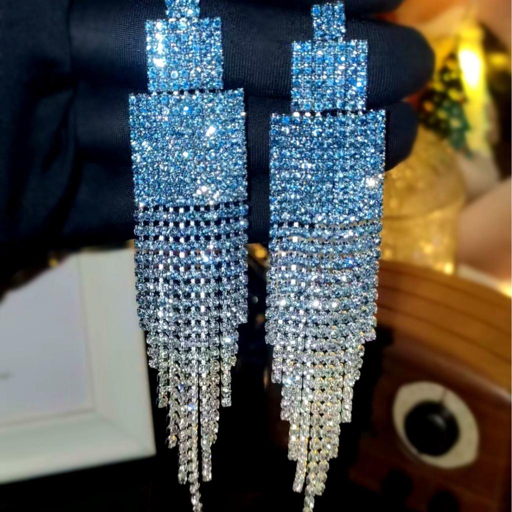 High-end luxury shiny rhinestone long fringed earrings