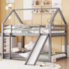 Tweepersoonsbed Kinderbed Huisbed Stapelbed met Glijbaan en Ladder, Kinderkamer Hoog Tweepersoons Stapelbed, Grijs, 140x200cm