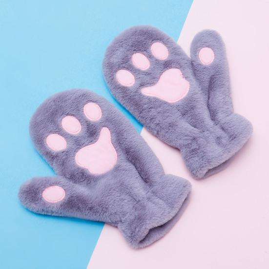 1 Pair Women Winter Mittens Cartoon Cat Paw Shape Thick Plush Anti-slip Heat Retention Outdoor Skiing Cycling Gloves