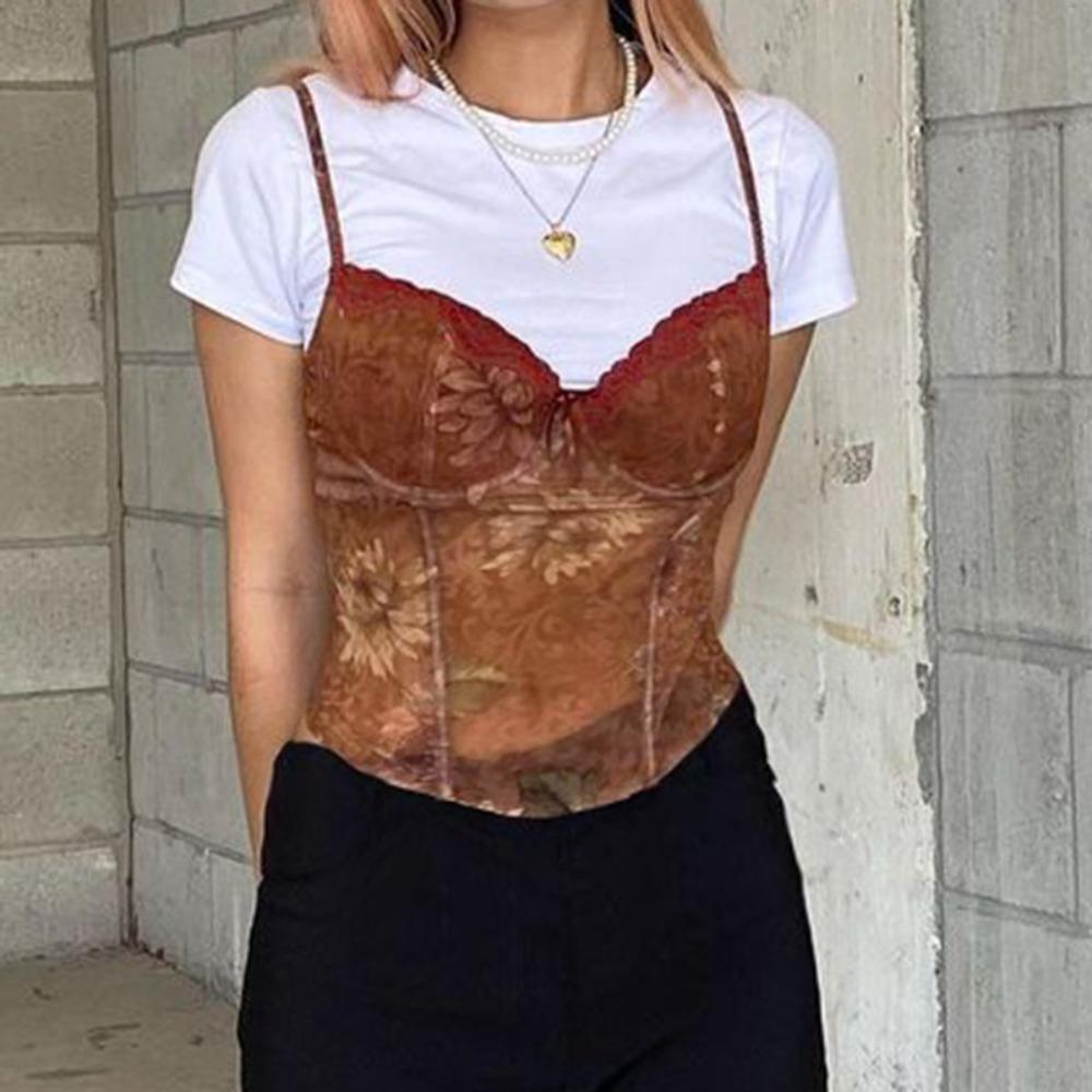 Brown Lace Floral Camis Slim Fit Lace Corset Streetwear Suspender Vest  Women's Wear